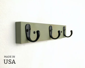 Rustic Wall Hook Rack with Black Hooks and Distressed Classic Green Finish by andrewsreclaimed