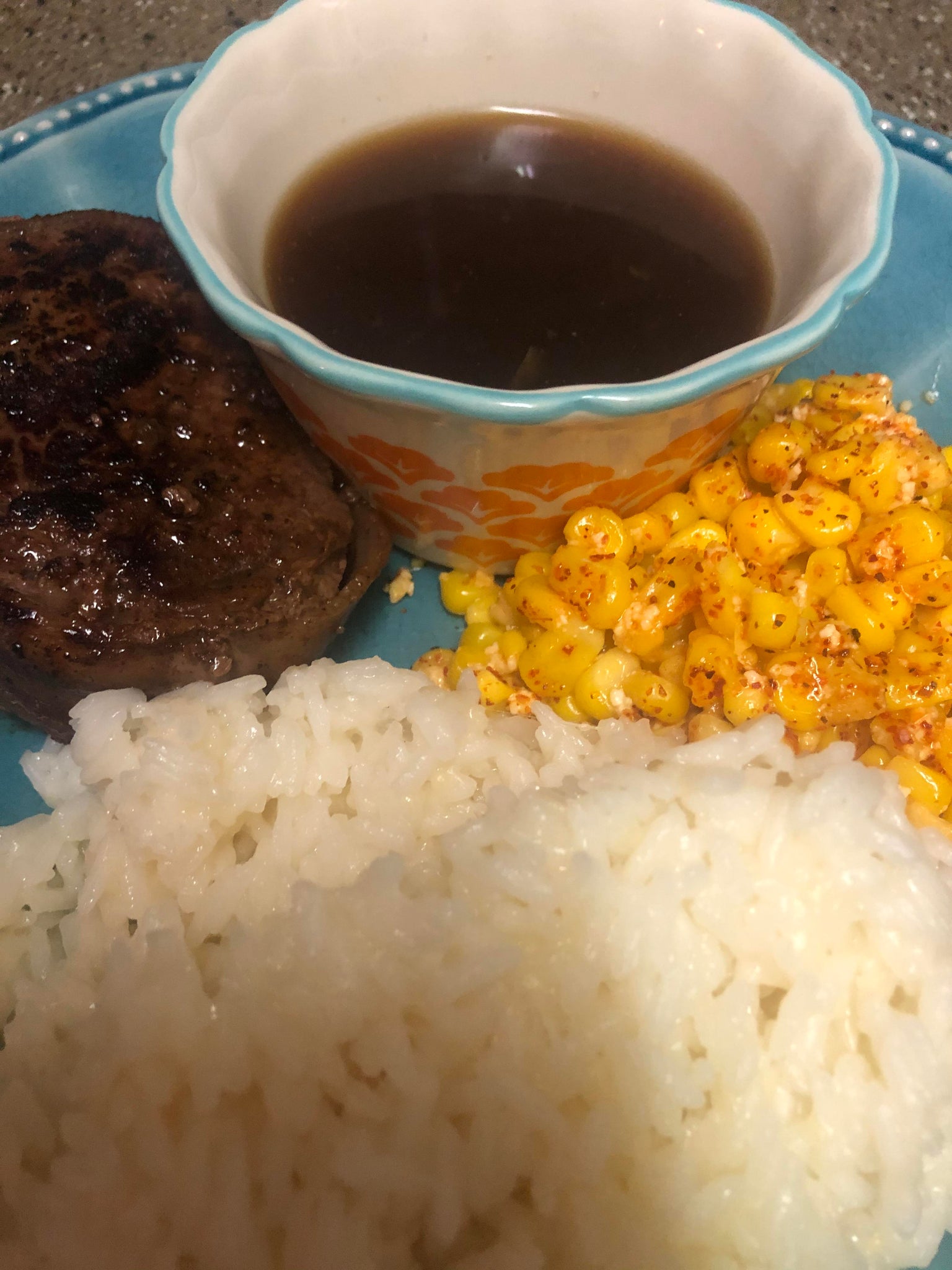 Filet Mignon w/ Au Jus for dipping, Mexican Corn in a Cup & Garlic Parmesan Rice- from last night.