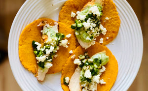 Spring Tacos – with Achiote Chicken, Ramp Pico and Sweet Potato Tortillas