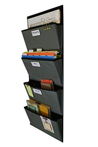 Hanging File Organizer | Over The Door File Organizer | Fabric File Organizer For Magazines, Notebooks, Mail, Books and More | 4 Pockets (Grey on Black)
