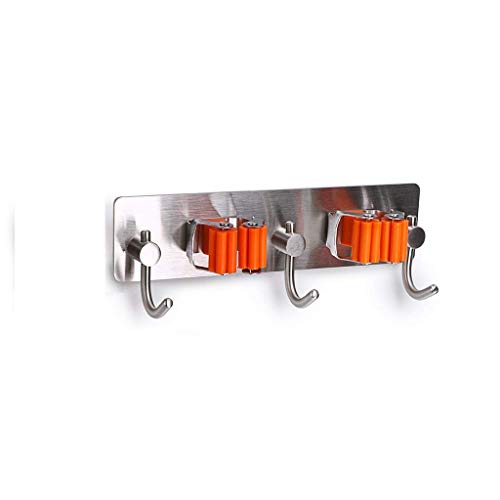 Mop and Broom Holder Multipurpose Wall Mount Storage with 3 Hooks, 3M Self Adhesive Cleaning Tools Organizer,Space Saver Brooms Mops Rakes Holder,Ideal stainless steel Broom Hanger Solution for Garage