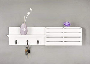Julie-Home Floating Wall Mounted Mail Holder and Coat Key Rack Shelf with 3 Hooks, 24''x 6'', White