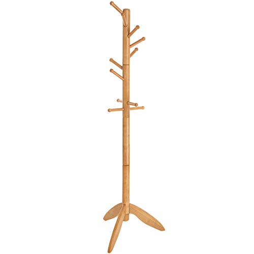 VASAGLE Coat Rack Stand with 11 Rounded Hooks, Wooden Hall Tree Enterway Coat Hanger Holder Free Standing for Clothes, Hats, Purses, Golden Oak URCR02BR