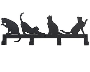 4 Hooks Wall Mounted Hanger, Holder for Towels, Keys, Coats, Hats, Robes and Clothes with Cat Décor (Black)