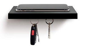 ILoveHandles Plank Floating Cell Phone Wall Mounted Wood Shelf with Magnetic Keyhook (Plank Plus - Black)