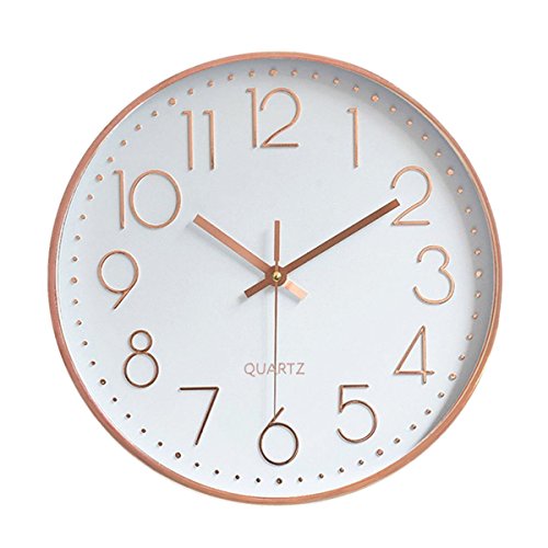 Foxtop Modern Wall Clock, Silent Non-Ticking Quartz Decorative Battery Operated Wall Clock for Living Room Home Office School w Rose Gold Plastic Frame Glass Cover (12 inch, Arabic Numeral)