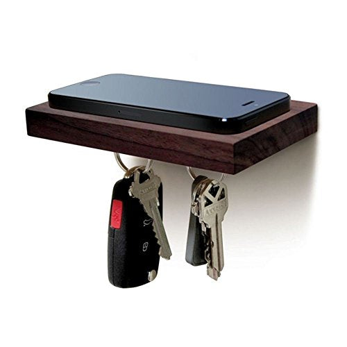 ILoveHandles Plank Floating Cell Phone Wall Mounted Wood Shelf With Magnetic Keyhook - Black Walnut