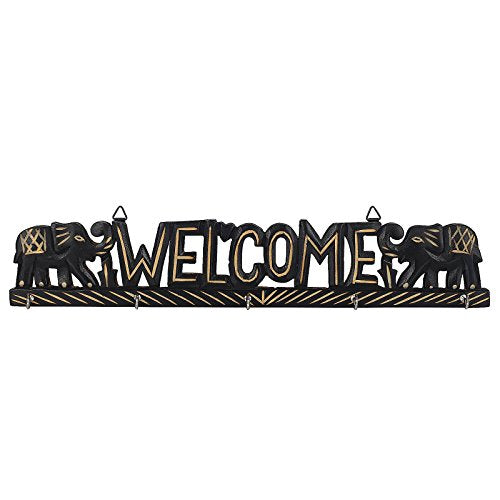 Fine Craft India Beautiful Wooden Wall Hanging Key Holder with Welcome Text & Elephant Shape MPN-Key_Holder_Welcome_Elephant