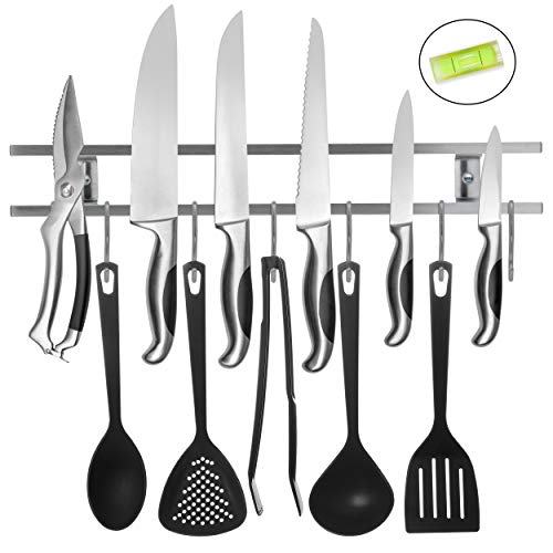 Magnetic Knife Holder With 7 Hooks - 18" Wall Mounted Magnetic Strip - Brushed Stainless Steel - Kitchen Utensil Organizer - Includes a Mini Level for Easy installation
