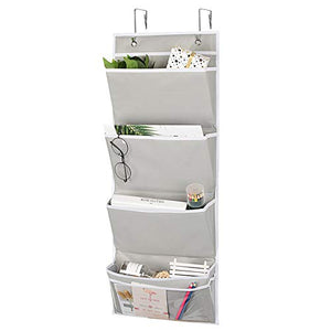Hanging Wall Organizer, Over The Door File Organizer by Aoolife-Hanging Wall File Folder Office Supplies Storage Organizer with 2 Stainless Steel Hook,4 pocekt Hanging Storage Organizer (Grey)