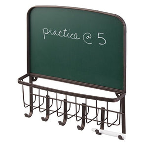 InterDesign York Lyra Chalkboard, Mail Holder and Key Rack Organizer – Wall Mounted Letter Shelf and Key Hooks for Entryway or Kitchen, Bronze