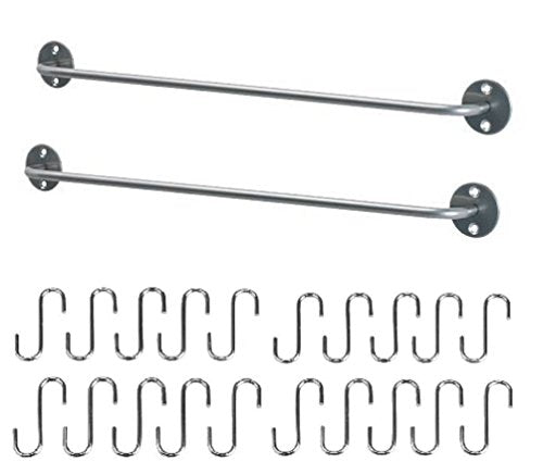 Ikea Steel Kitchen Organizer Set, 2 Rails and 20 Hooks, Silver
