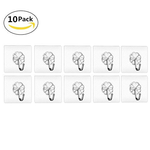 Wall Hook Homder 13.2lb/6kg(Max) Transparent Super Heavy Duty Solid Glue Kitchen and Bathroom Towel Hooks, Waterproof and Oilproof,Reusable No Scratch for Bathroom Kitchen Wall & Coat Hanger( 10 pack)