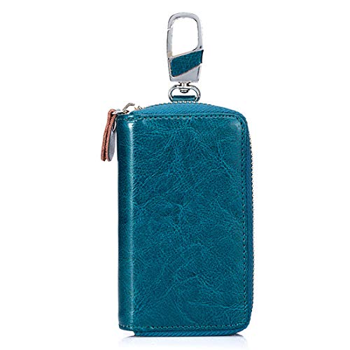 Compact Zipper Leather Car Key Case by BAKUN, Key Holder Key Organizer Wallet, with 12 Hooks(Blue)