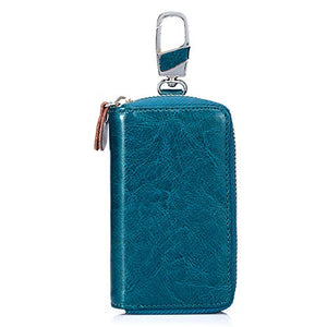Compact Zipper Leather Car Key Case by BAKUN, Key Holder Key Organizer Wallet, with 12 Hooks(Blue)