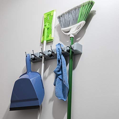 jackvill Mop or Broom Holder, Multipurpose Wall Mounted Organizer with 5 Positions and 6 Hooks - Gray