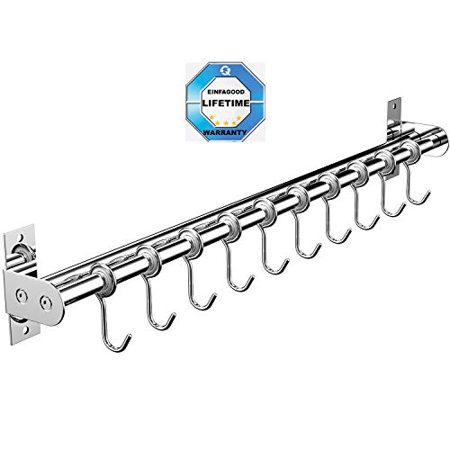 EINFAGOOD Pot Rack, Kitchen Hooks Rack 10 Hooks with Knife Holder and Pot Lid Rack?Stainless Steel Double Pipe, 23.62 in Long (Polished Finish)