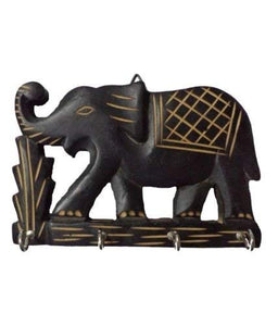 Elephant Wooden Hand Carved Wall Hanging Key Holder with 4 Hooks Home Kitchen Decor