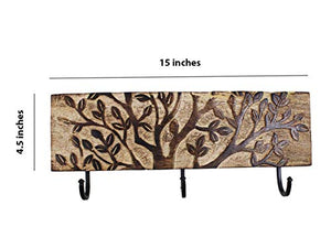 Wall Mounted Key Rack Holder Hand Carved with 3 Hooks & Tree of Life Patterns
