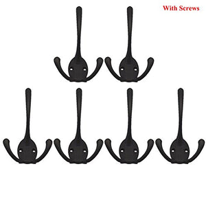 Exttlliy 6Pcs Zinc Alloy Wall Mounted Coat Hooks with 3 Flared Prongs Wall Hanging Coat Hangers with Screws (Black)
