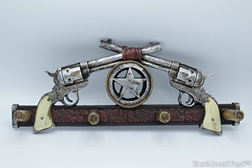 Western Rustic Silver Star Crossed Six Shooter Revolver Pistol Gun Wall Hook Key Holder Coat Hanger 4 12 Gauge Shell Hooks Hand Painted Decoration