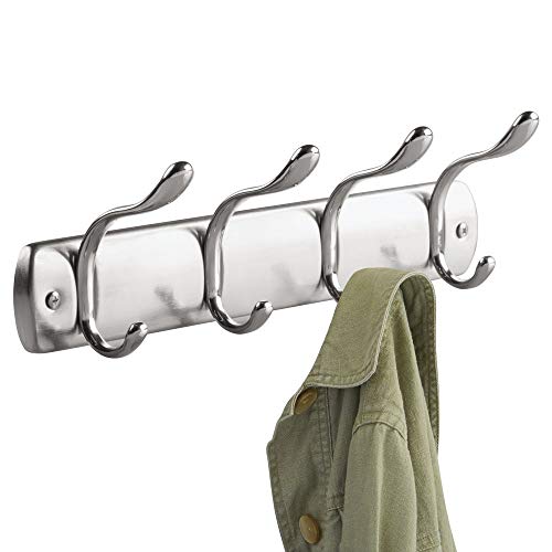 iDesign Bruschia Wall Mounted Entryway and Mudroom Storage Rack, 4 Hooks for Jacket, Coat, Scarf, Hat, Leash, Keys, 13" x 3" x 3.75", Brushed Nickel and Chrome