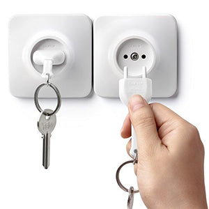 Unplug Key Holder by Qualy Design Studio. White Color. Unusual Wall Keyholder Stylized as Electrical Wall Socket Plug and Key Ring. Great Unique Gift for Him or Her. Designer Gift for Creative People.