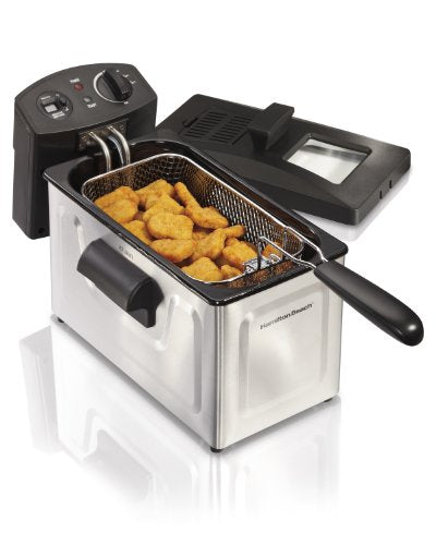 Hamilton Beach Deep Fryer, 12 Cups / 3 Liters Oil Capacity, Frying Basket with Hooks, Lid with View Window, Stainless Steel, Professional Grade, Electric, 1500 Watts (35033)