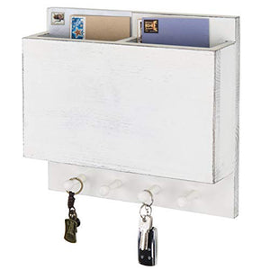 MyGift Vintage White Wood Wall-Mounted Dual-Slot Mail Sorter with 4 Key Ring Pegs