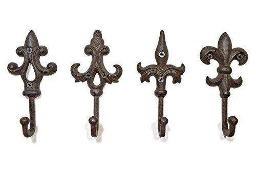 gasare, Cast Iron Key Holder for Wall, Decorative Hooks, Fleur De Lis Design, Rustic Cast Iron, 5.75 x 2.75 inches, Antique Rust Brown Color, Screws and Anchors, Set of 4