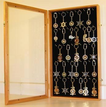 Keychain Display Case Wall Mounted Cabinet Shadow Box (Oak Finish)