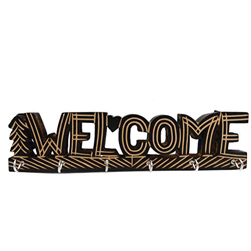 Valentine Day Special Present, Wooden 6 Hooks "WELCOME" Design Key Holder, Key Hanger, Key Holder For Wall, Key Hook For Wall, Key Organizer, Key Hanger For Wall, Black Color Size 11 X 2.6 Inch