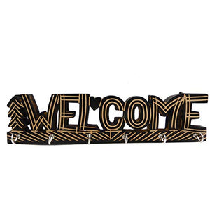 Valentine Day Special Present, Wooden 6 Hooks "WELCOME" Design Key Holder, Key Hanger, Key Holder For Wall, Key Hook For Wall, Key Organizer, Key Hanger For Wall, Black Color Size 11 X 2.6 Inch