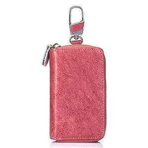 Compact Zipper Leather Car Key Case by BAKUN, Key Holder Key Organizer Wallet, with 12 Hooks(Pink)