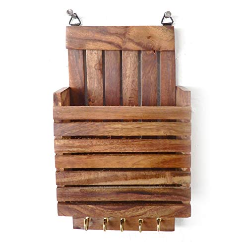 IndiaBigShop Wooden Wall Hanging Letter Organiser/rack and Letter and Paper Holder Mail Box, Letter Mail Organiser with 3 Key Hooks and holder 9 Inch