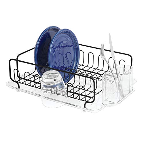 iDesign Forma Lupe Kitchen Dish Drainer Rack with Tray for Drying Glasses, Silverware, Bowls, Plates - Black Matte/Clear
