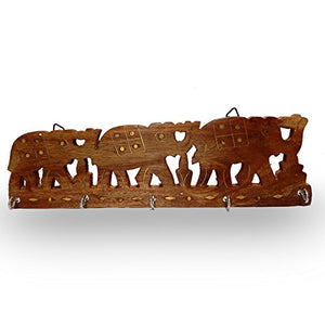 IndiaBigShop Wooden Hand Carved Key Holder With Brass and Cutter Work Key Chain Hanger With Triple Elephant Shape 12 Inch