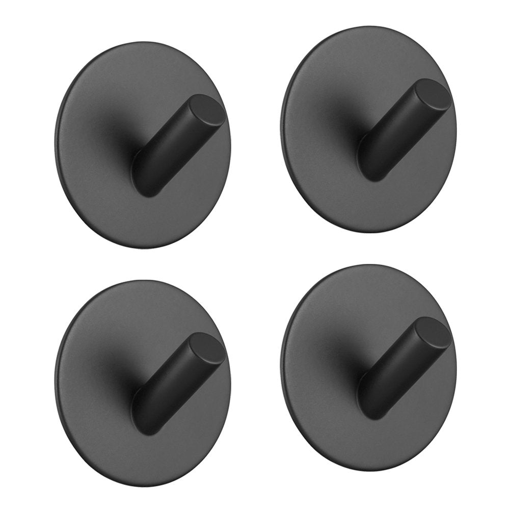 Hgery Adhesive Hooks, Self Adhesive Black Wall Mount Hook for Key Robe Coat Towel, Super Strong Heavy Duty Stainless Steel Hooks, No Drill No Screw, Waterproof, for Kitchen Bathroom Toilet, 4 Pack
