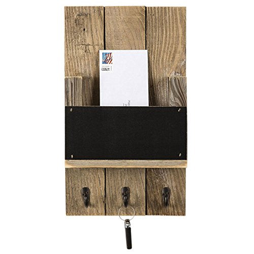 Mail Holder with Key Hooks and Chalkboard for Entry Way | Wall Mount | Handmade Rustic Reclaimed Wood | 18 x 10.5 Inch - Natural