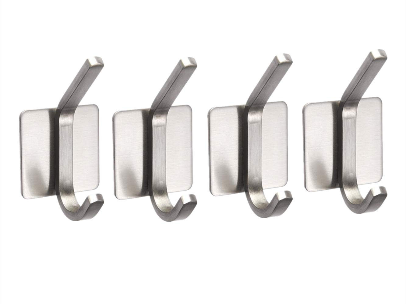 Double Robe Coat Hook Self Adhesive Stainless Brushed Steel Bathroom Towel Hooks Kitchen Office, 4 Packs