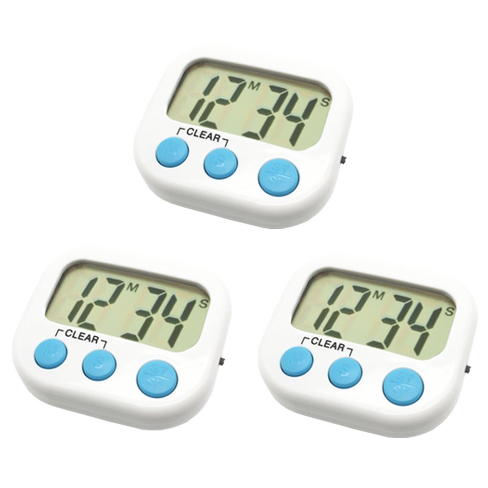 3 Pack Digital Kitchen Timer Magnetic Back Big LCD Display Loud Alarm Minute Second Count Up Countdown With ON/OFF Switch For Kitchen, Homework, Exercise, Game(3 White)
