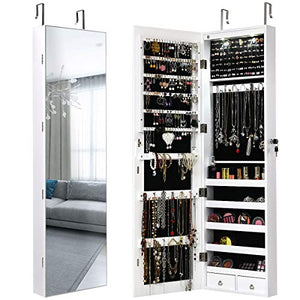 Giantex Wall Door Jewelry Armoire, Jewelry Cabinet for Bedroom with Mirror, 2 LED Lights, Large Storage, Wide Mirrored, 1 Scarf Rod, 36 Hooks, 1 Makeup Pouch Organizer, (White)