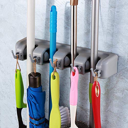 Broom Holder, Wall Mount Mop Holder Broom Hanger Organizer with 4Ball Slots and 5 Hooks, Holds Up to 5 Tools for Kitchen, Bathroom, Garage
