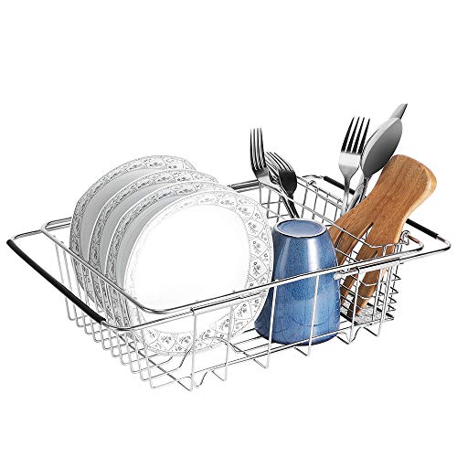 E-Gtong Expandable Dish Drying Rack, 304 Stainless Steel Dish Drainers with Utensil Holder and Adjustable Arms, Storage Basket Over the Sink, In Sink,On Counter Dish Drainer Rustproof Organizer Medium