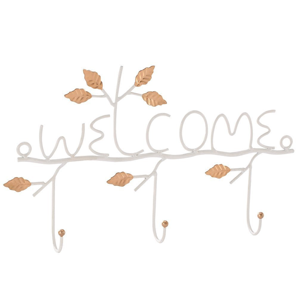 Ikee Design Welcome Metal Wall Mounted Coat Rack/Key Hooks Entryway Organizer/Wall Hanger/Hanger Hooks Coats, Hats, Scarves, Clothing, Towels, Key Jewelry (White 3 Hooks)