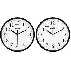 Hippih Black Wall Clock Silent Non Ticking Quality Quartz, 10 Inch Round Easy to Read For Home Office School Clock 2 pack