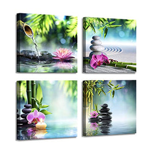 Yang Hong Yu - Canvas Prints Stones Flowers and Bamboo on Water SPA Theme Warm-Toned Photo on Canvas Wall Art Framed Modern Decor Paintings Giclee Artwork for Home Decoration 12x12inch