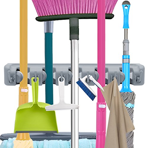 VICKMALL Mop and Broom Holder Non-Slip Automatically Lock Wall Mounted Hanger with Hooks for Closet, Rakes, Garden, Sports Equipment, Gray, S0.6x4.5