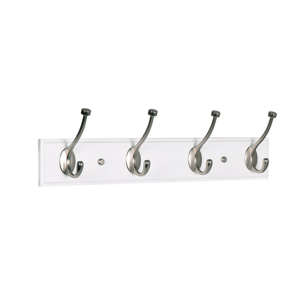 Ivilon Coat Rack Hook Rail Wall Mounted - 4 Hooks Wide End Design. White Wood Satin Nickel Hooks