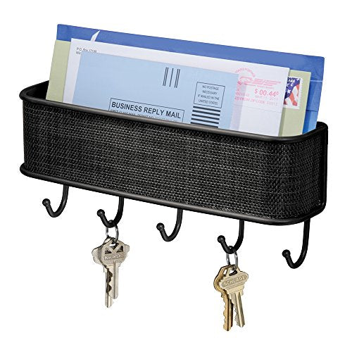 InterDesign Twillo Mail and Key Holder, Decorative Wall Mounted Key Rack Organizer Pocket and Letter Sorter for Entryway, Kitchen, Mudroom, Home Office Organization, 10.5" x 2.5" x 4.5", Matte Black